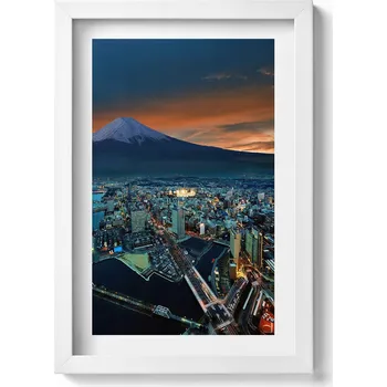 Obraz Nástěnný obraz v bílém rámu s grafikou: Pohled na Tokio a horu Fuji, 20x30 cm