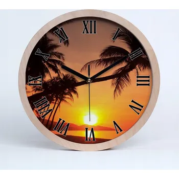 Hodiny Dřevěné nástěnné hodiny západ slunce pláž průměr 25 cm