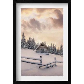 Obraz Nástěnný obraz v rámu: Zimní krajina s horskou chatou při západu slunce, 40x60 cm