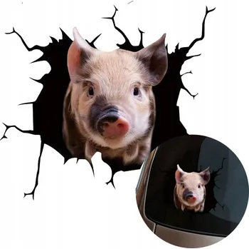 Samolepicí dekorace na vozidlo SAMOLEPKA Grafika na auto rozbité okno Vypadající Prase Prasátko 15x17