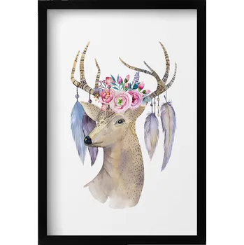 Obraz Elegantní obraz do obýváku v černém rámu Hlava jelena a květiny 40x60 cm