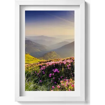 Obraz Nástěnný obraz v bílém rámu do obýváku, kuchyně - Hory a louka květin 20x30 cm