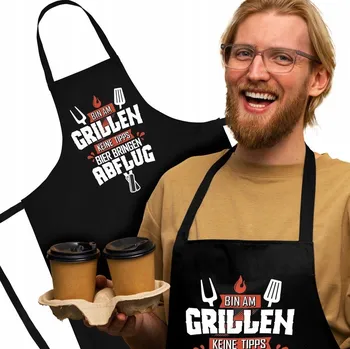 Kuchyňská zástěra KUCHYŇSKÁ ZÁSTĚRA ČERNÁ 220g s potiskem BIN AM GRILLEN ČERVENÝ NÁPIS