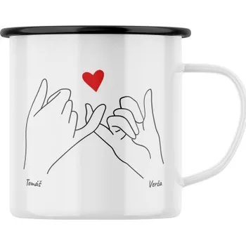 Plechový hrnek s potiskem ruce se srdíčkem s vlastními jmény