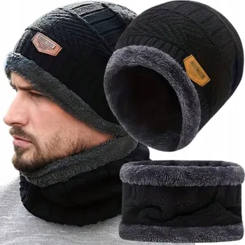 Čepice ČEPICE A NÁKRČNÍK SET PÁNSKÁ DÁMSKÁ ZIMNÍ TEPLÁ DVOUVRSTVÁ BEANIE ČERNÁ