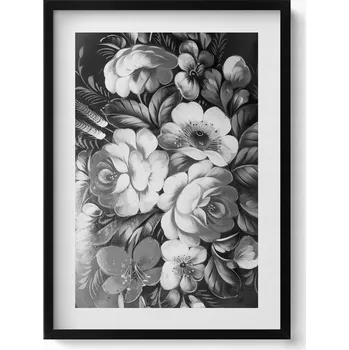 Obraz Nástěnný dekorativní foto obraz v černém rámu Květiny černo-bílé 50x70 cm