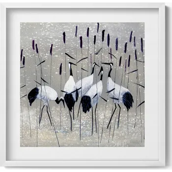 Obraz Nástěnný obraz v bílém rámu, dekorace interiéru - Jeřábi v rákosí 50x50 cm