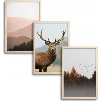 Obraz 3x 30x40 CM SADA TŘÍ OBRAZŮ PLAKÁT V DŘEVĚNÉM RÁMU BOHO STYL TRYPTYCH PODZIM