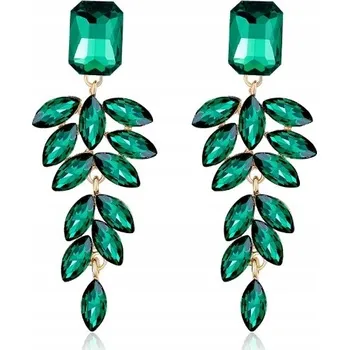 Náušnice Dlouhé zlaté zelené náušnice s lístky a zirkony, elegantní, večerní