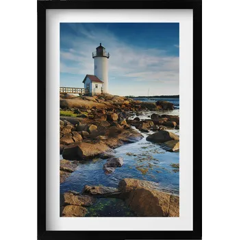 Obraz Nástěnný obraz v černém rámu Maják, skály a krajina nebe 40x60 cm