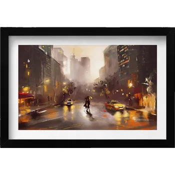 Obraz Nástěnný obraz v černém rámu s grafikou Pohled na ulici New Yorku 30x20 cm