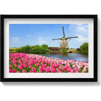 Obraz Dekorativní obraz v rámu do obýváku Holandský větrný mlýn s květinami 60x40 cm