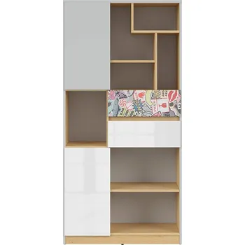 Knihovna BRW NANDU regál REG2D2S, šedá/dub polský/bílý lesk/nálepka