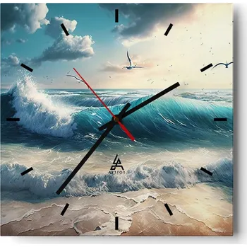 Hodiny Velké nástěnné hodiny na zeď 40x40 Moře Skleněné hodiny Čtvercové Tiché