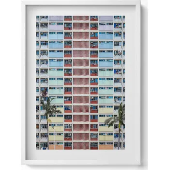 Obraz Ozdobný nástěnný obraz v rámu s grafikou Barevná budova Hong Kong 50x70 cm