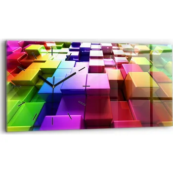 Hodiny Horizontální Skleněné Nástěnné Hodiny do Obýváku s Grafikou Barevné kostky 60x30 cm