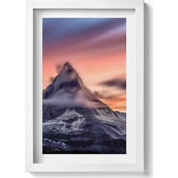 Obraz Závěsný obraz rámeček bílé barvy Osamělá hora při západu slunce 20x30 cm