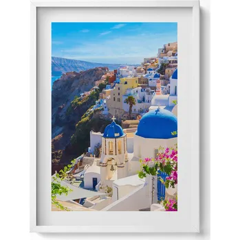 Obraz Stylový obraz v bílém rámu Pohled na řeckou architekturu Santorini 50x70 cm