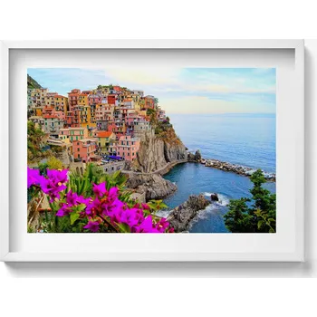 Obraz Obraz s grafikou v bílém rámu Květiny a pobřeží Cinque Terre Itálie 70x50 cm