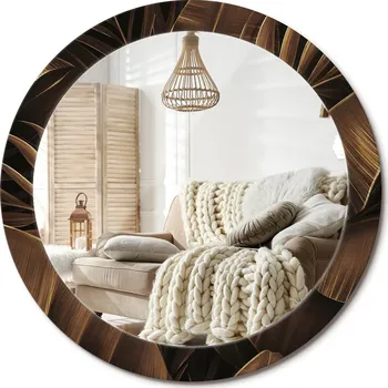 Zrcadlo Nástěnné zrcadlo s ozdobnou grafikou na skle - Hnědé listy banánovníku, průměr 80 cm