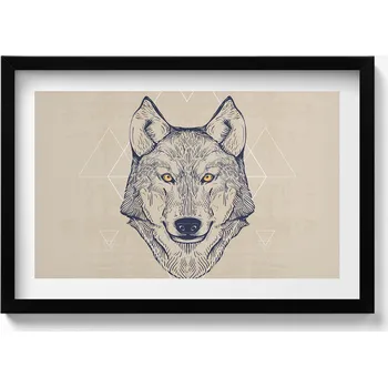 Obraz Dekorativní nástěnný obraz v černém rámu s grafikou loft - Hlava vlka 60x40 cm