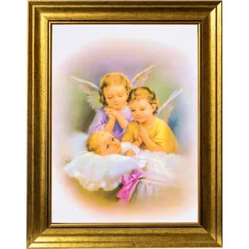 Obraz ANDĚLÍČEK | Anděl strážný | SAKRÁLNÍ OBRAZ VE ZLATÉM ZDOBENÉM RÁMU 30X40