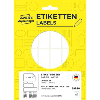 Samolepící etiketa Avery Zweckform 59980 Sada etiket na ruční popis, 5 rozměrů, 1776 ks, bílé