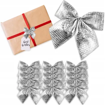 Vánoční dekorace Stříbrné Mašle na Vánoční Stromeček Lesklé k dekoraci Ozdoby Mašle Dekorace 12 ks