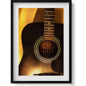 Obraz Dekorativní obraz v černém rámu do obýváku Černá kytara hudební nástroj 50x70 cm