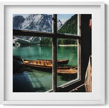 Obraz Obraz s rámem a grafikou na zeď Výhled z okna na jezero s loďkou 50x50 cm