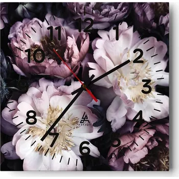 Hodiny Velké nástěnné hodiny 40x40 cm Pivoňky Skleněné hodiny Čtvercové Tiché