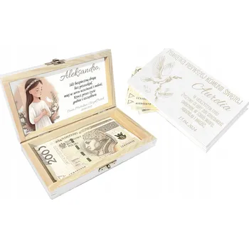 Dárková krabička Dřevěná krabička na peníze, Památka Prvního Svatého Přijímání s gravírováním Svaté Přijímání.