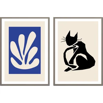 Obraz DYPTYCH Sada 2 OBRAZŮ V RÁMU béžové PRL kočka abstrakce P2567_43x53