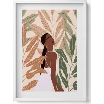 Obraz Bílý rámeček s obrazem Ilustrace ženy mezi listy v boho stylu 50x70 cm