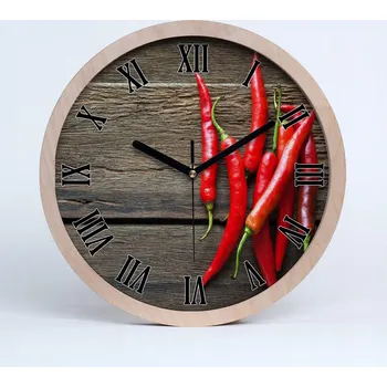 Hodiny Dřevěné nástěnné hodiny papričky chilli průměr 25 cm