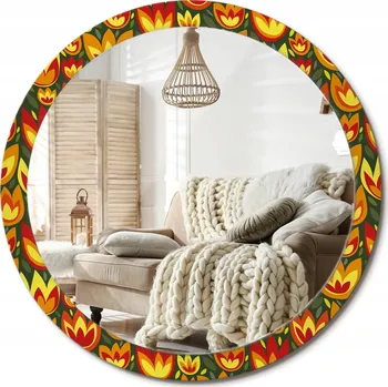 Zrcadlo Loftové závěsné zrcadlo s ozdobným skleněným rámem Tulipány retro průměr 100 cm