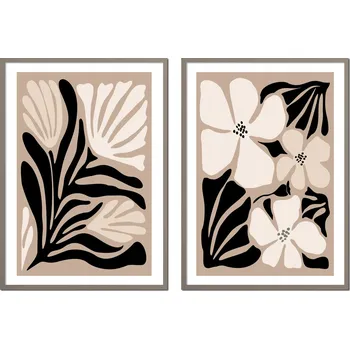 Obraz DYPTYCH Sada 2 OBRAZŮ V RÁMU béžové PRL černé květiny venkov P2563_73x53