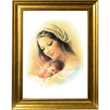 Obraz Matka Boží S DĚŤÁTKEM | SAKRÁLNÍ OBRAZ VE ZLATÉM ZDOBENÉM RÁMU 30X40