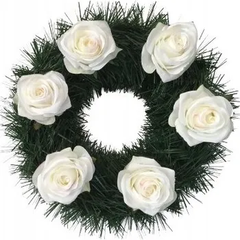 umělá květina VĚNEC zdobený BÍLÉ RŮŽE umělé DEKORACE VAZBA na hřbitov hrob