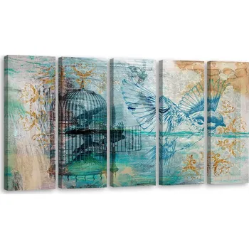 Obraz OBRAZ TRYPTYCH Ptáci Klec Vintage Tyrkysová 150x60