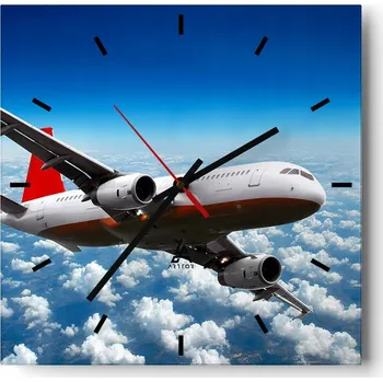 Hodiny Velké nástěnné hodiny na zeď 40x40 Letadlo Skleněné hodiny Čtvercové Tiché