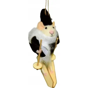 Vánoční ozdoba VÁNOČNÍ OZDOBA MYŠ NA LYŽÍCH ČERNO-BÍLÁ 11CM