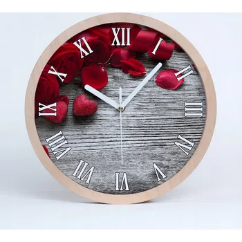 Hodiny Velké dřevěné nástěnné hodiny červené růže průměr 30 cm