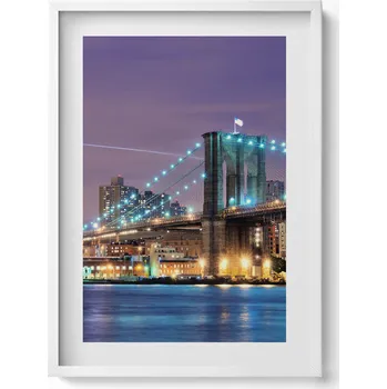 Obraz Dekorativní nástěnný obraz s bílým rámem a grafikou Loft Brooklynský most 50x70 cm