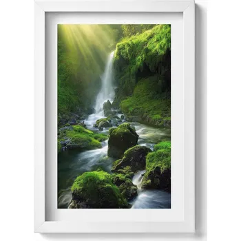 Obraz Dekorativní nástěnný obraz s bílým rámem a grafikou loft Vodopád a skály 20x30 cm