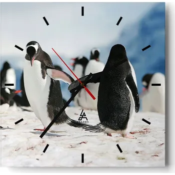 Hodiny Velké nástěnné hodiny na zeď 40x40 Tučňák Skleněné hodiny Čtvercové Tiché