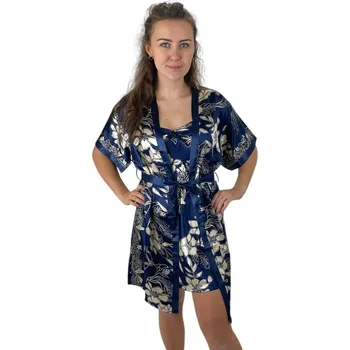 Dámská noční košile VÝPRODEJ - Saténová noční košilka se županem - MODRÁ s bílými květy