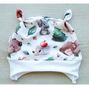 Kojenecká čepice AMÁLKA Elastická čepička teplákovina, zvířátka v lese Velikost: 80-86