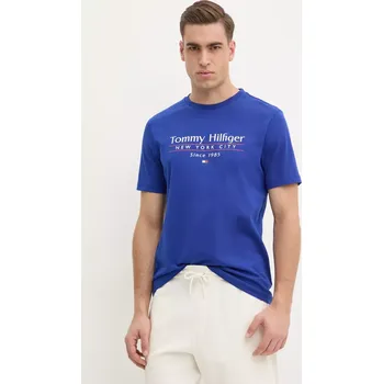 Pánské tričko Bavlněné tričko Tommy Hilfiger modrá barva, s potiskem, MW0MW38621 57X, vel. S
