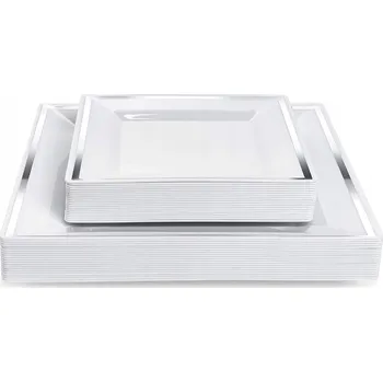 Talíř Kvadratové plastové talíře opakovaně použitelné, sada 10 ks se stříbrným okrajem